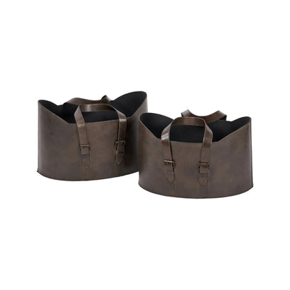 Set of Two Dark Brown Leather Storage Baskets with Carry Handles & Buckle Straps – Sculptural Storage Bins 34x50x40cm Angled Product View | Click Style