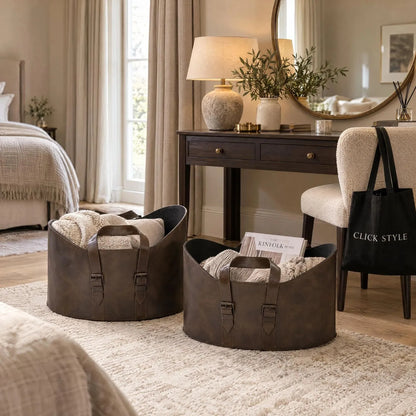 Set of Two Dark Brown Leather Storage Baskets with Carry Handles & Buckle Straps – Sculptural Storage Bins 34x50x40cm Styled in Bedroom with Throws & Magazines | Click Style