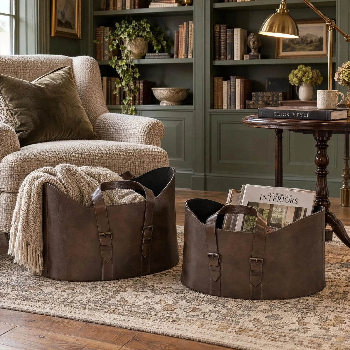 Set of Two Dark Brown Leather Storage Baskets with Carry Handles & Buckle Straps – Sculptural Storage Bins 34x50x40cm Styled in Reading Room with Throws & Magazines | Click Style