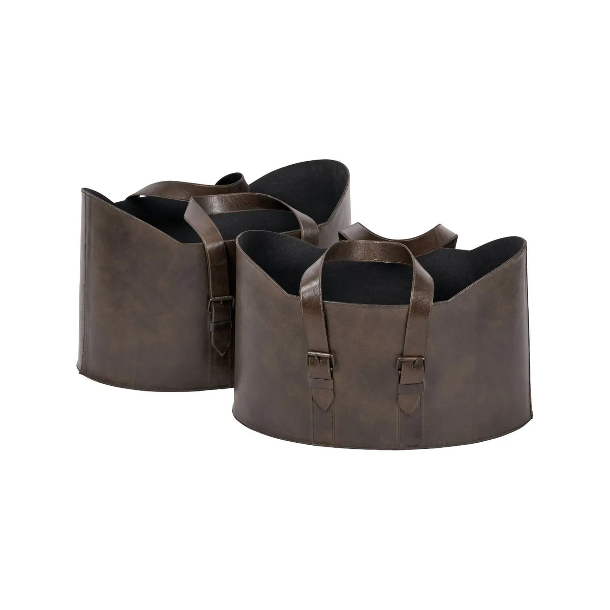 Set of Two Dark Brown Leather Storage Baskets with Carry Handles & Buckle Straps – Sculptural Storage Bins 34x50x40cm Layered Angled Product View | Click Style