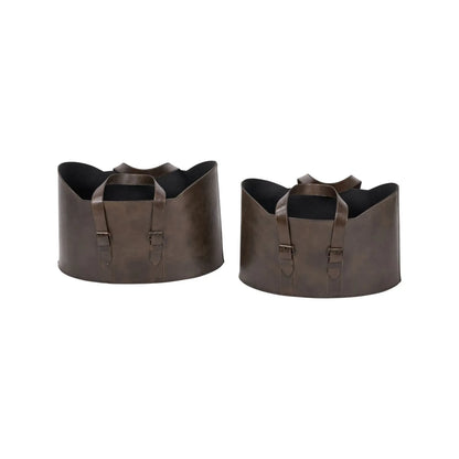 Set of Two Dark Brown Leather Storage Baskets with Carry Handles & Buckle Straps – Sculptural Storage Bins 34x50x40cm Front Product View | Click Style