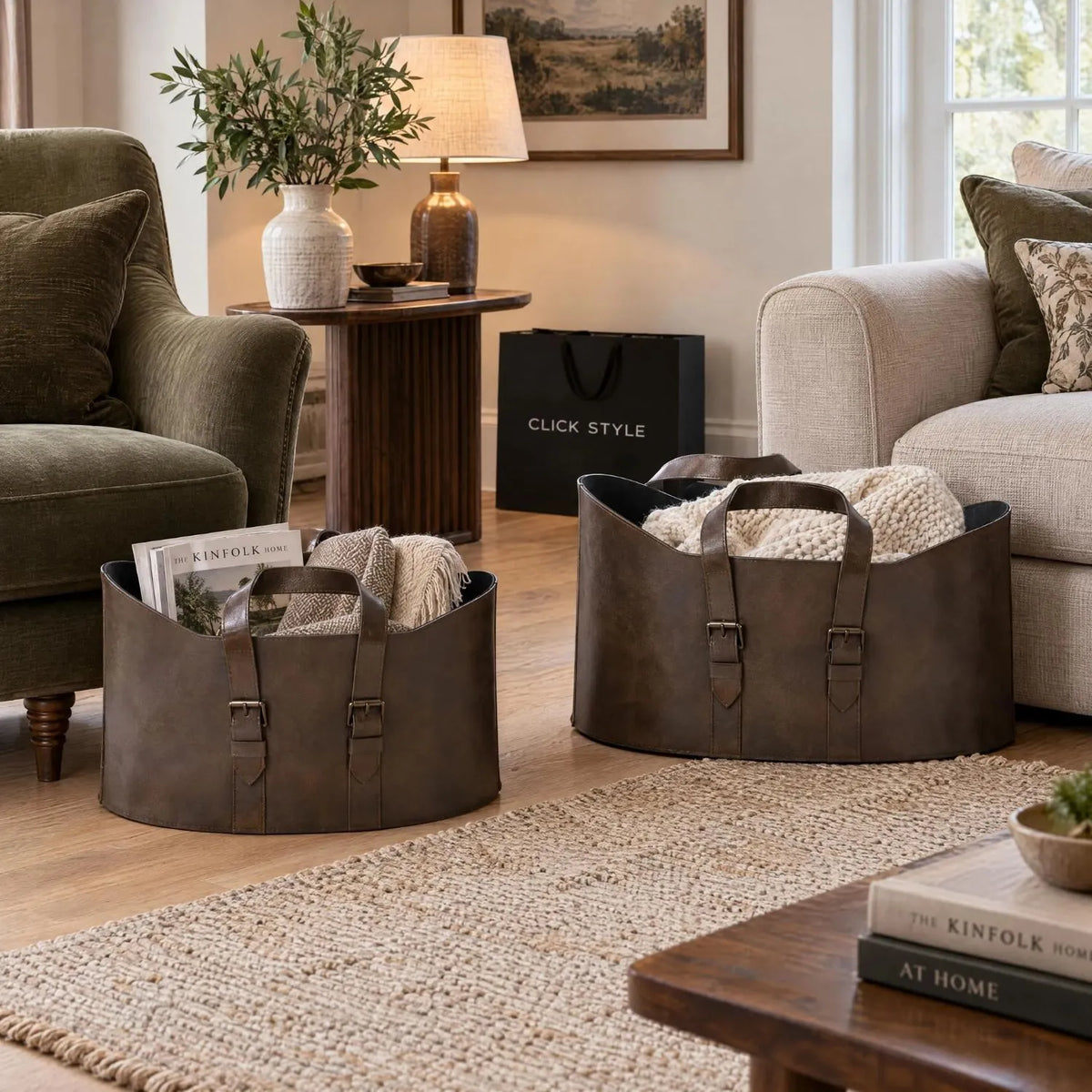 Set of Two Dark Brown Leather Storage Baskets with Carry Handles & Buckle Straps – Sculptural Storage Bins 34x50x40cm Styled Beside Sofa & Armchair with Throws & Magazines | Click Style