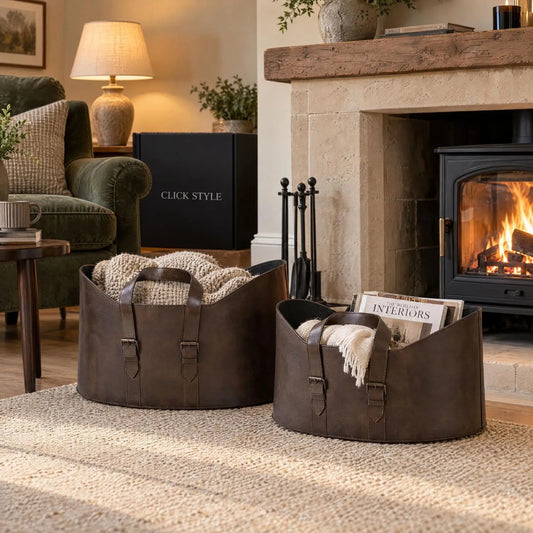 Set of Two Dark Brown Leather Storage Baskets with Carry Handles & Buckle Straps – Sculptural Storage Bins 34x50x40cm Styled Beside Fireplace with Throws & Magazines | Click Style
