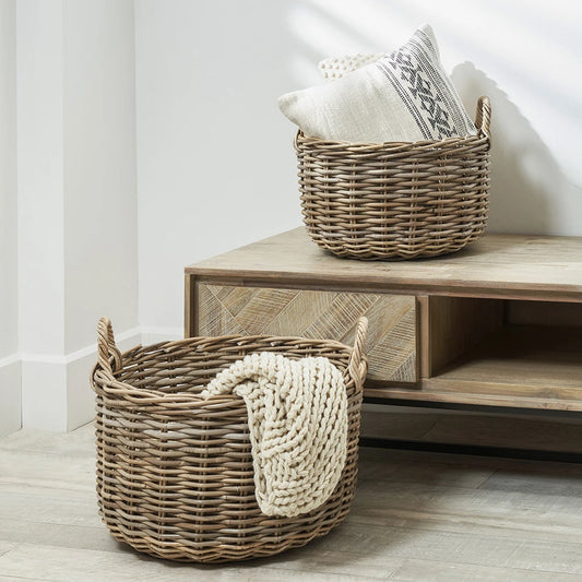 Set of Two Large Grey Kubu Round Baskets with Handles – Decorative Storage for Home Organisation - Click Style