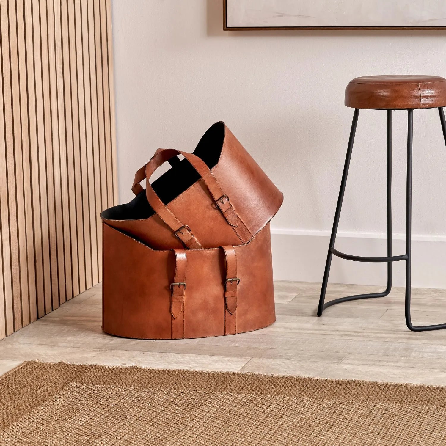 Set of Two Light Brown Leather Handled Storage Baskets with Buckle Detailing – Sculptural Storage Bins with Carry Handles 34x50x40cm | Click Style