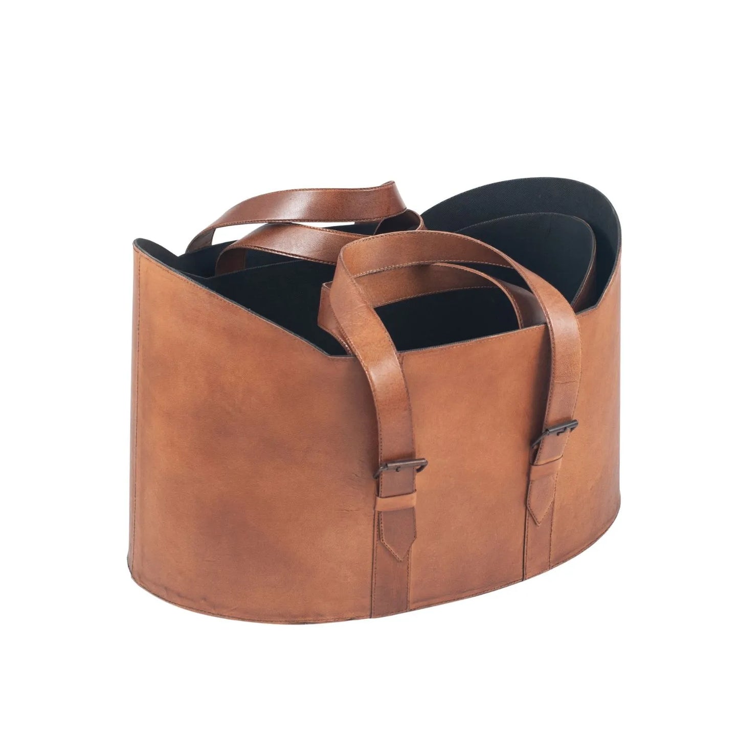 Set of Two Light Brown Leather Handled Storage Baskets with Buckle Detailing – Sculptural Storage Bins with Carry Handles 34x50x40cm | Click Style