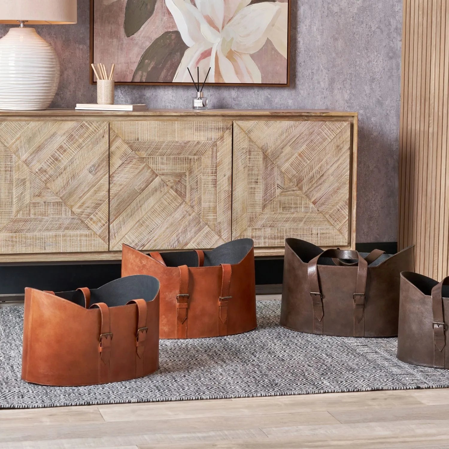Set of Two Light Brown Leather Handled Storage Baskets with Buckle Detailing – Sculptural Storage Bins with Carry Handles 34x50x40cm | Click Style