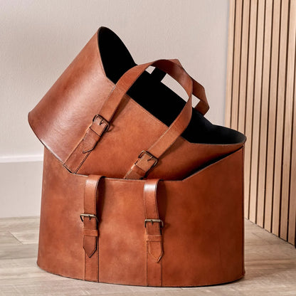 Set of Two Light Brown Leather Handled Storage Baskets with Buckle Detailing – Sculptural Storage Bins with Carry Handles 34x50x40cm | Click Style