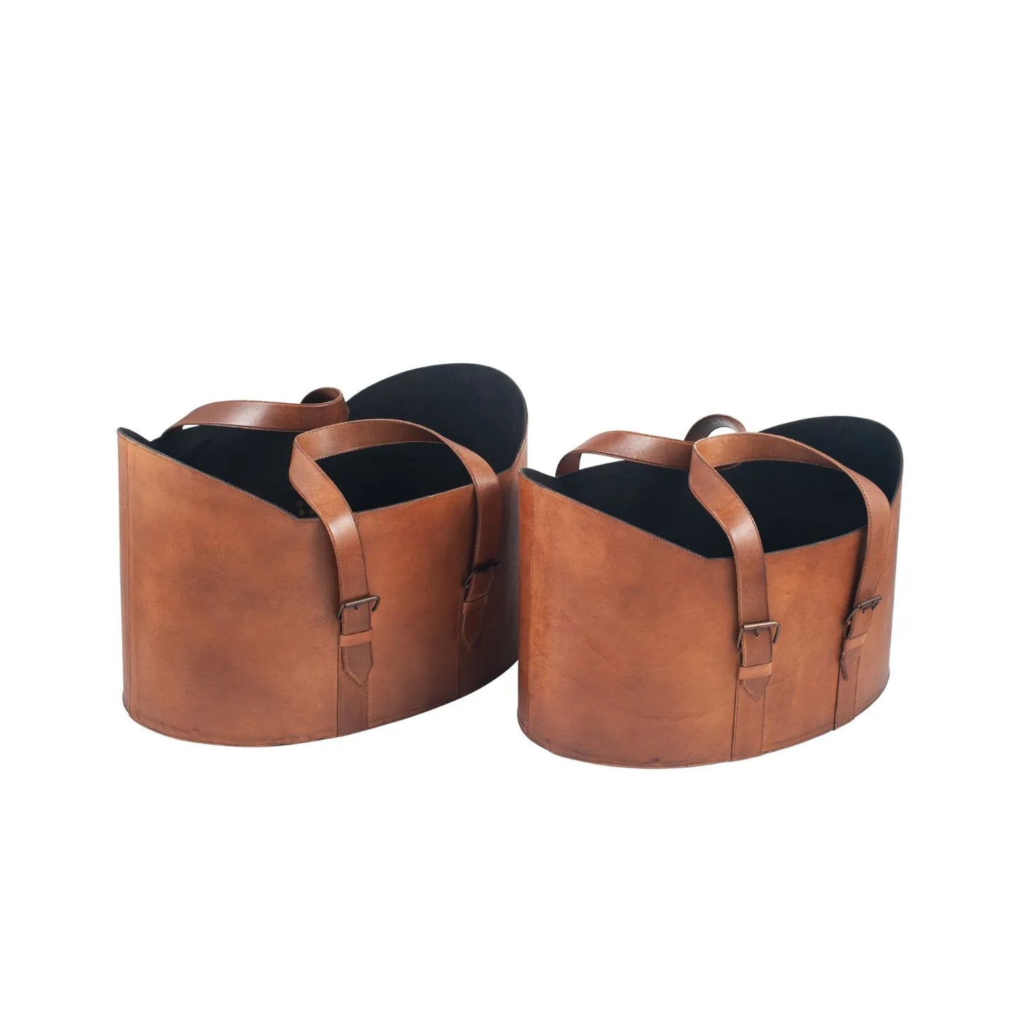 Set of Two Light Brown Leather Handled Storage Baskets with Buckle Detailing – Sculptural Storage Bins with Carry Handles 34x50x40cm | Click Style