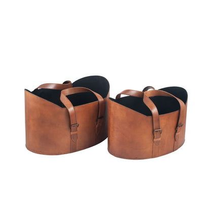 Set of Two Light Brown Leather Handled Storage Baskets with Buckle Detailing – Sculptural Storage Bins with Carry Handles 34x50x40cm | Click Style