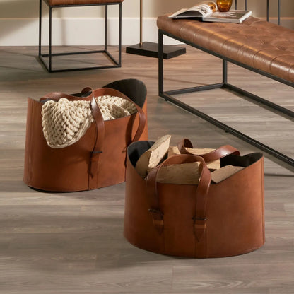 Set of Two Light Brown Leather Handled Storage Baskets with Buckle Detailing – Sculptural Storage Bins with Carry Handles 34x50x40cm | Click Style