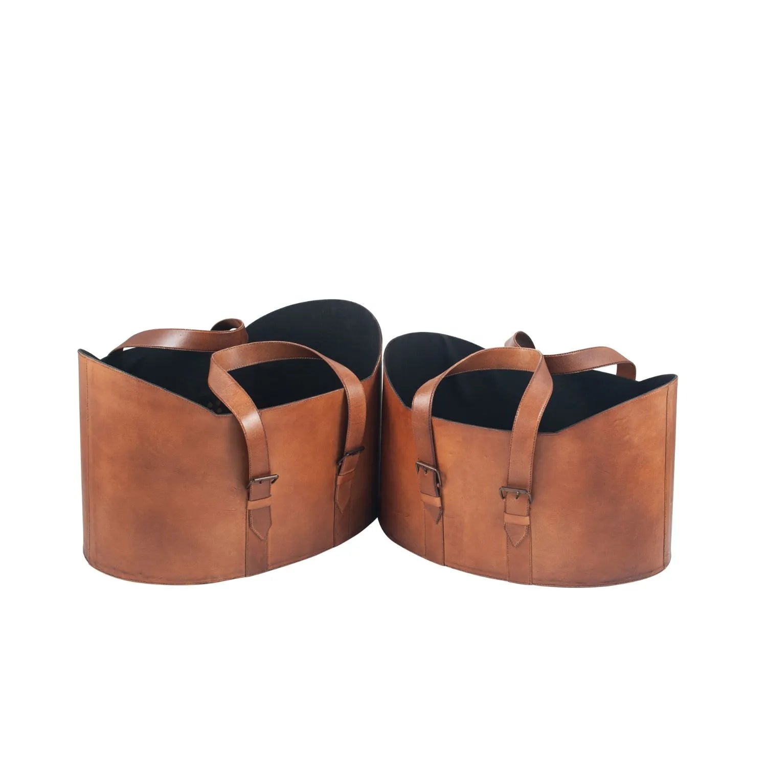 Set of Two Light Brown Leather Handled Storage Baskets with Buckle Detailing – Sculptural Storage Bins with Carry Handles 34x50x40cm | Click Style