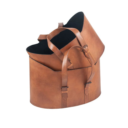 Set of Two Light Brown Leather Handled Storage Baskets with Buckle Detailing – Sculptural Storage Bins with Carry Handles 34x50x40cm | Click Style