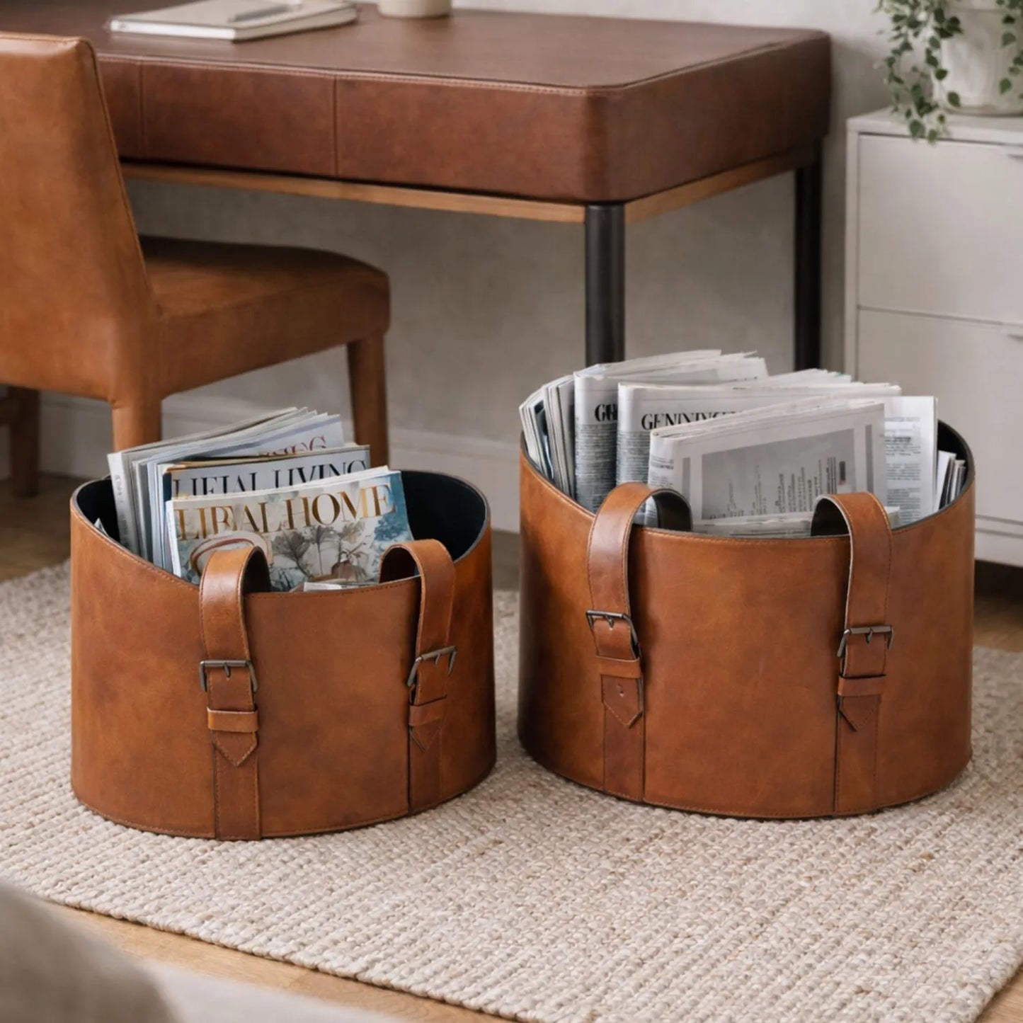 Set of Two Light Brown Leather Handled Storage Baskets with Buckle Detailing – Sculptural Storage Bins with Carry Handles 34x50x40cm | Click Style