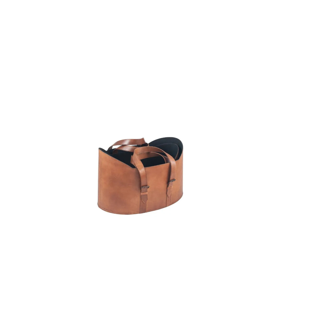 Set of Two Light Brown Leather Storage Baskets with Carry Handles & Buckle Straps – Sculptural Storage Bins 34x50x40cm – Nested Front View | Click Style