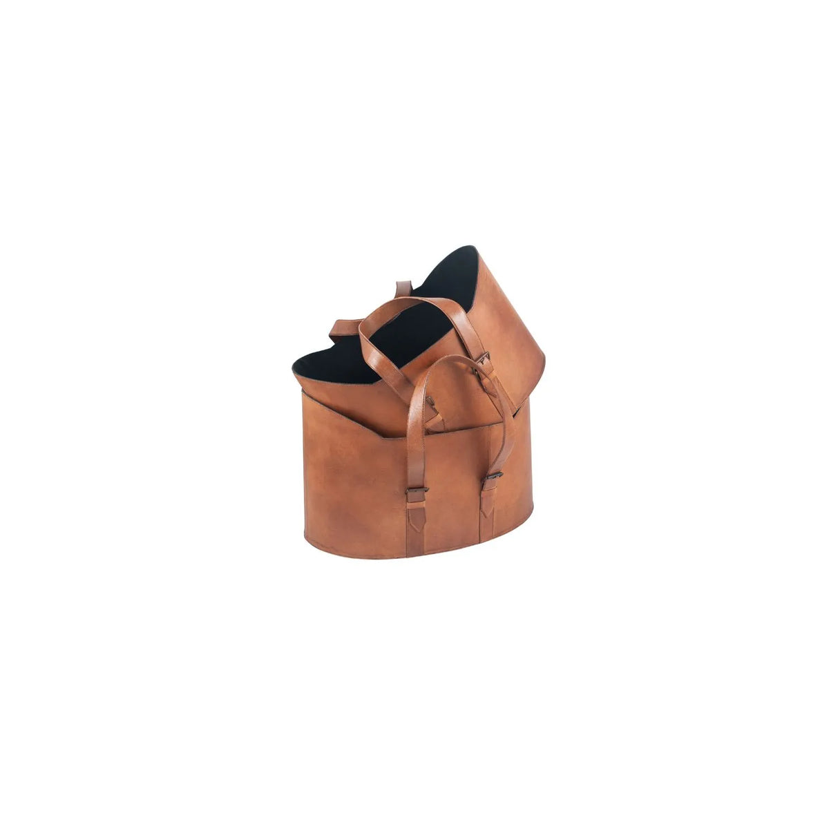 Set of Two Light Brown Leather Storage Baskets with Carry Handles & Buckle Straps – Sculptural Storage Bins 34x50x40cm – Front View | Click Style
