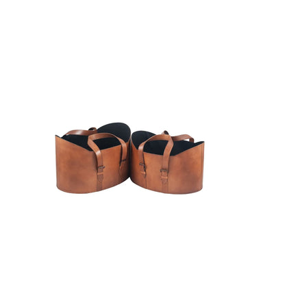 Set of Two Light Brown Leather Storage Baskets with Carry Handles & Buckle Straps – Sculptural Storage Bins 34x50x40cm – Nested Storage View | Click Style