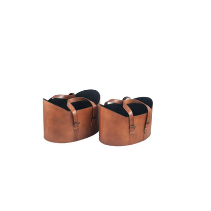 Set of Two Light Brown Leather Storage Baskets with Carry Handles & Buckle Straps – Sculptural Storage Bins 34x50x40cm – Front & Side View | Click Style