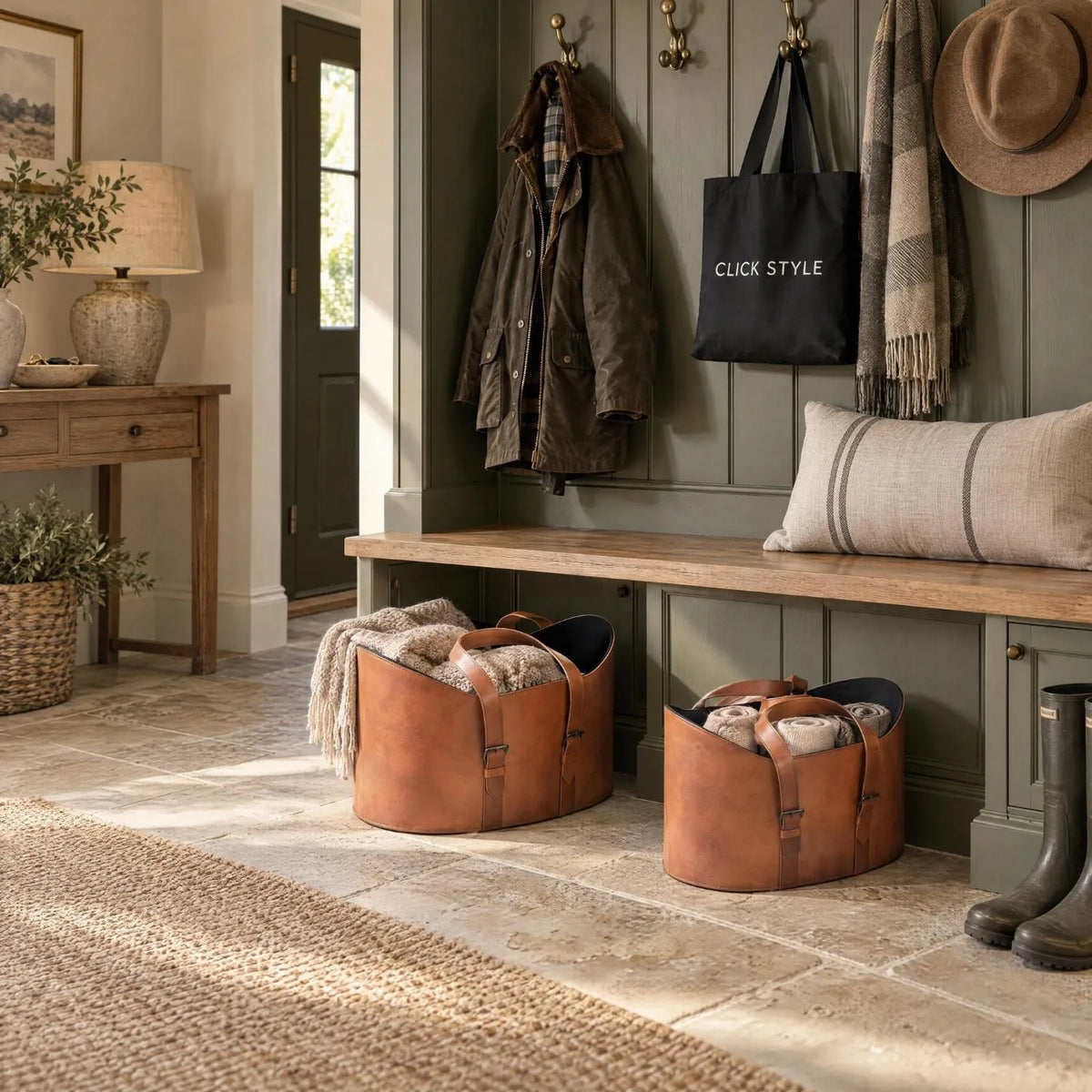 Set of Two Light Brown Leather Storage Baskets with Carry Handles & Buckle Straps – Sculptural Storage Bins 34x50x40cm Styled in Boot Room with Bench | Click Style