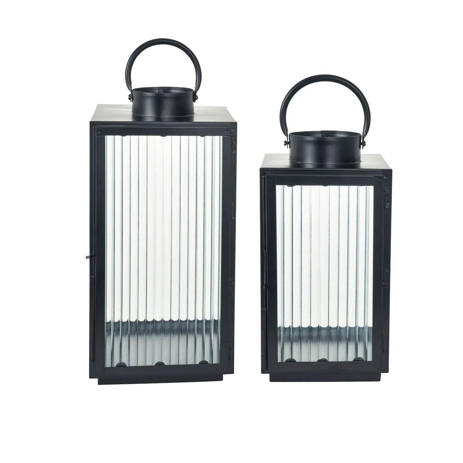 Set of Two Matt Black Lanterns with Ribbed Glass Panels & Loop Handles – Decorative Metal Candle Holders 40.5x22x21cm - Click Style