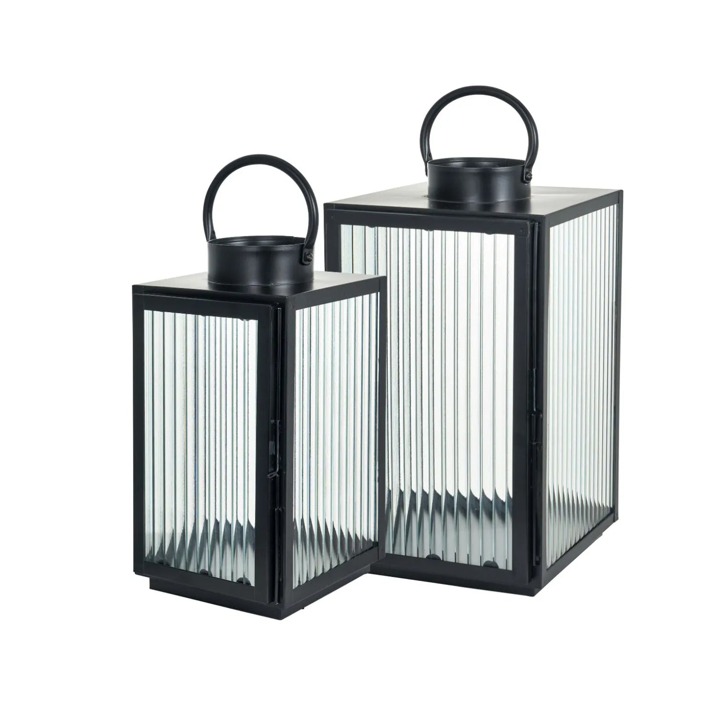 Set of Two Matt Black Lanterns with Ribbed Glass Panels & Loop Handles – Decorative Metal Candle Holders 40.5x22x21cm - Click Style