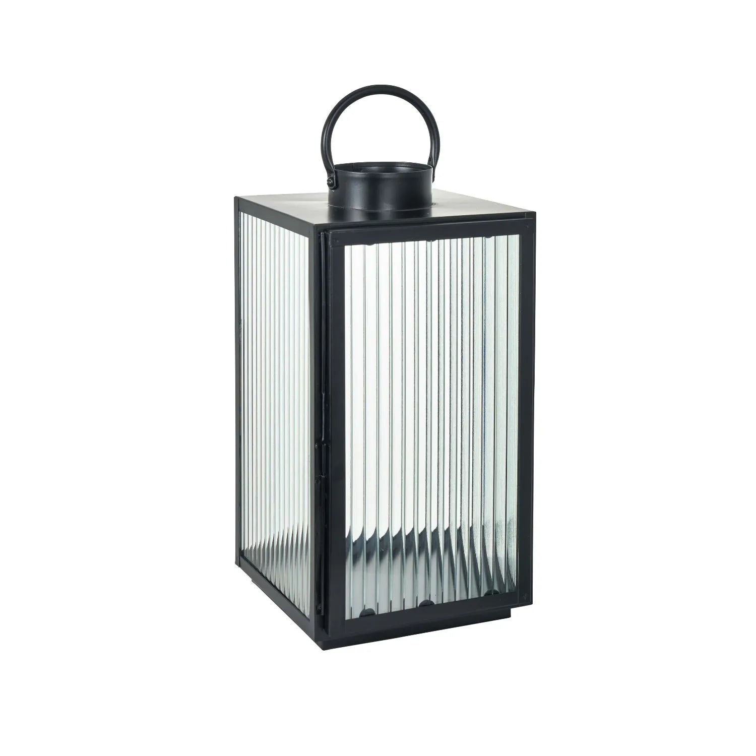 Set of Two Matt Black Lanterns with Ribbed Glass Panels & Loop Handles – Decorative Metal Candle Holders 40.5x22x21cm - Click Style