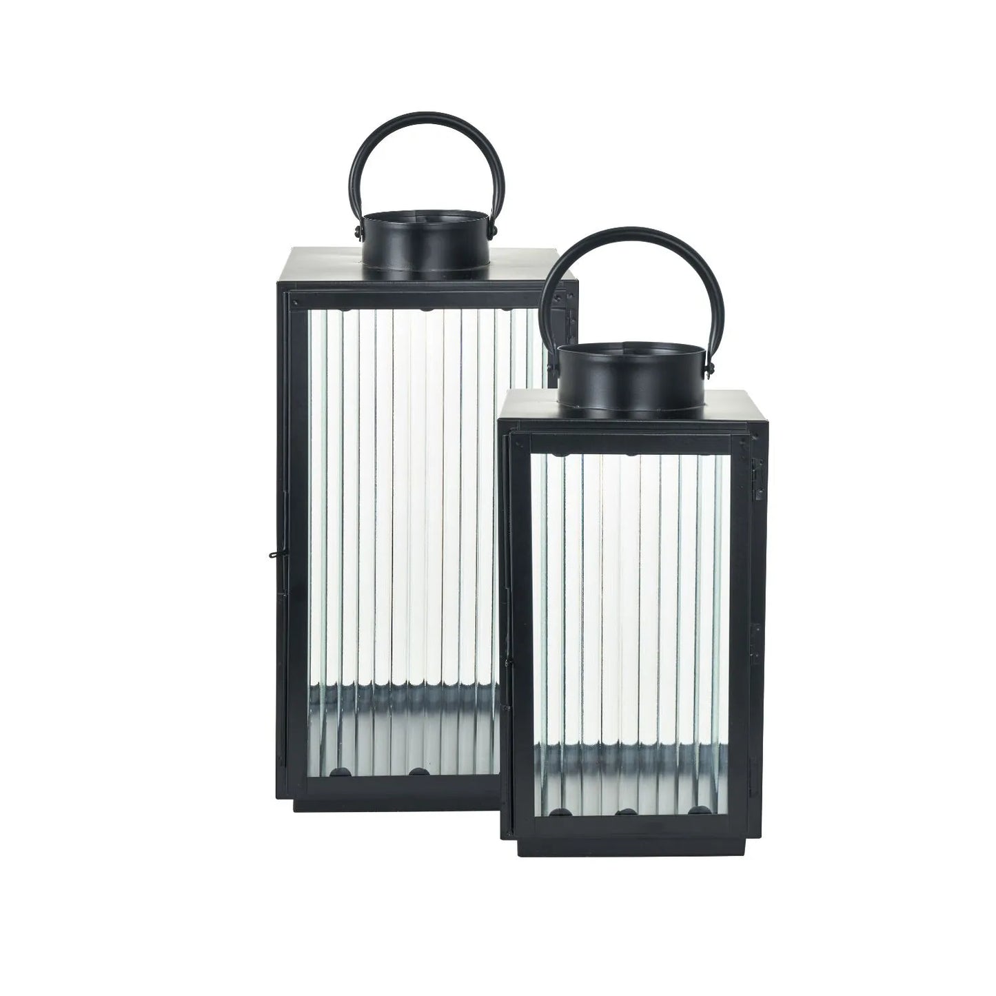 Set of Two Matt Black Lanterns with Ribbed Glass Panels & Loop Handles – Decorative Metal Candle Holders 40.5x22x21cm - Click Style