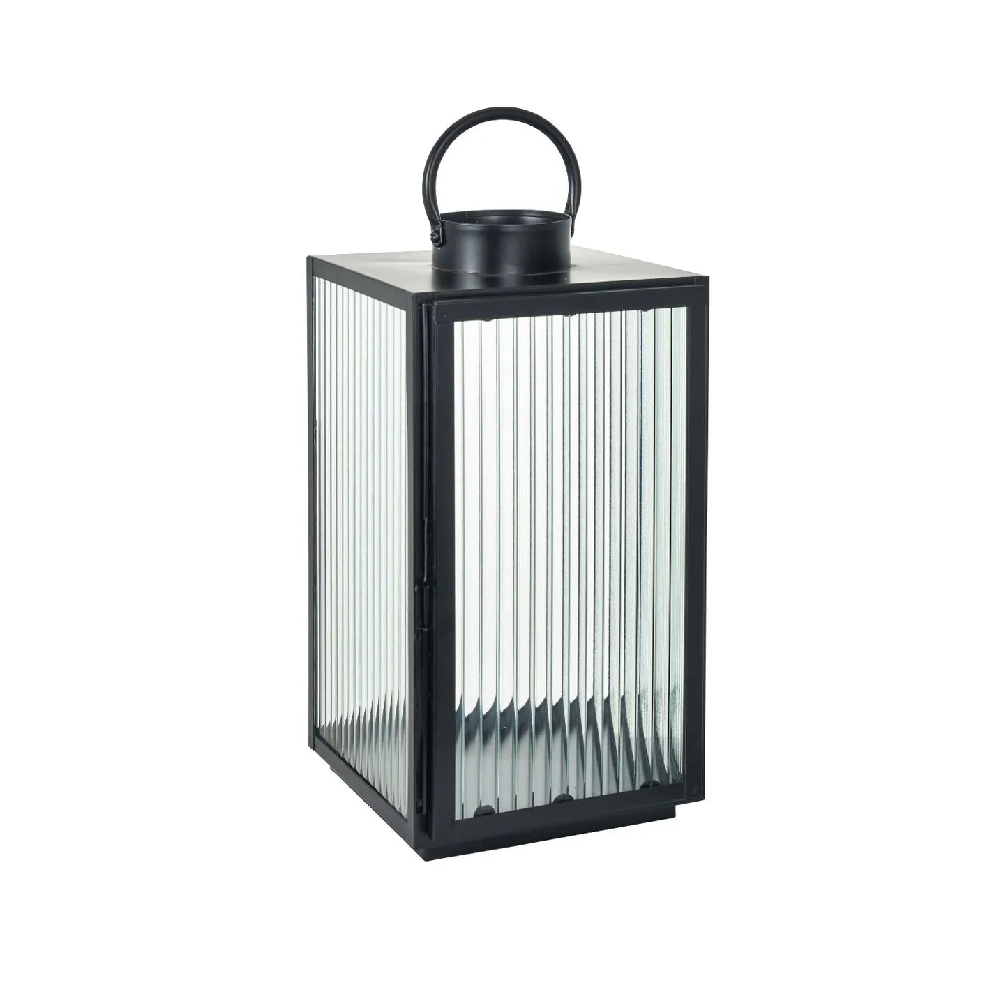 Set of Two Matt Black Lanterns with Ribbed Glass Panels & Loop Handles – Decorative Metal Candle Holders 40.5x22x21cm - Click Style