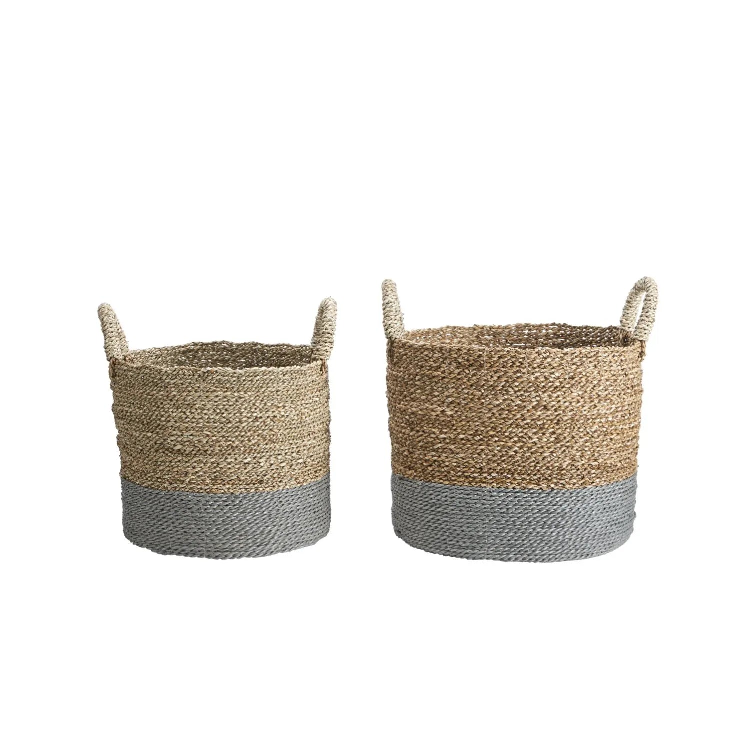 Set of Two Natural & Grey Woven Banana Leaf Storage Baskets with Handles – Decorative Neutral Round Baskets for Home Organisation 33x38x38cm - Click Style