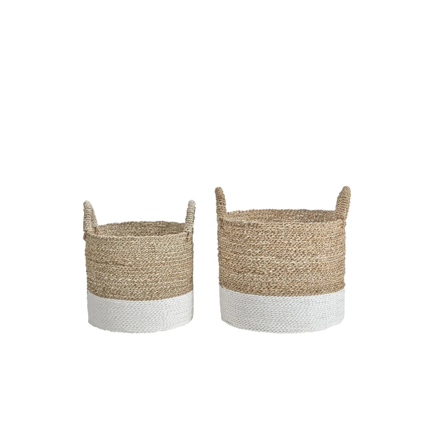 Set of Two Natural & White Woven Banana Leaf Storage Baskets with Handles – Decorative Neutral Round Baskets for Home Organisation 33x38x38cm - Click Style