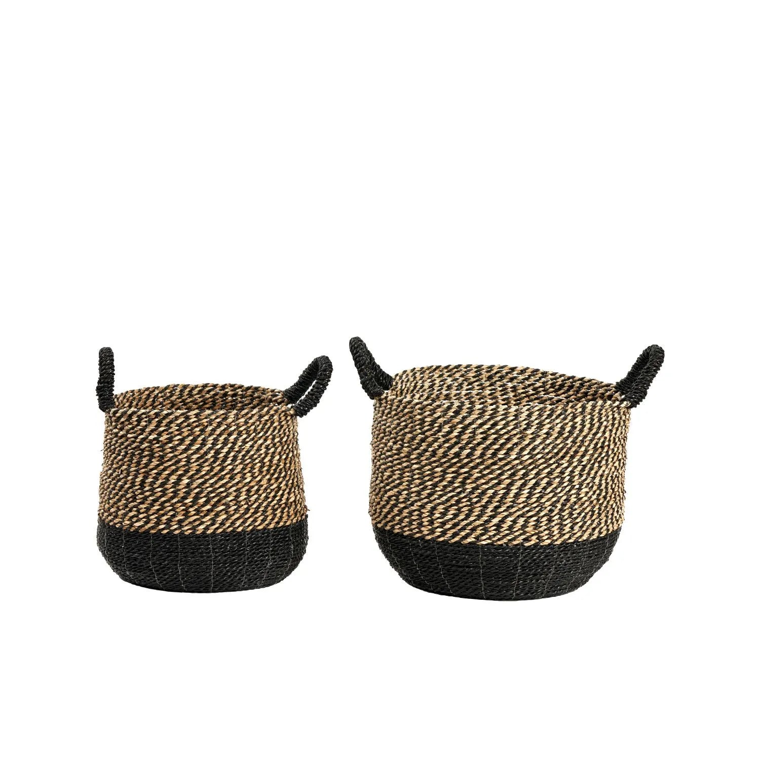 Set of Two Round Natural & Black Seagrass Baskets with Handles – Two Tone Woven Storage for Home Organisation 30x37x37cm - Click Style