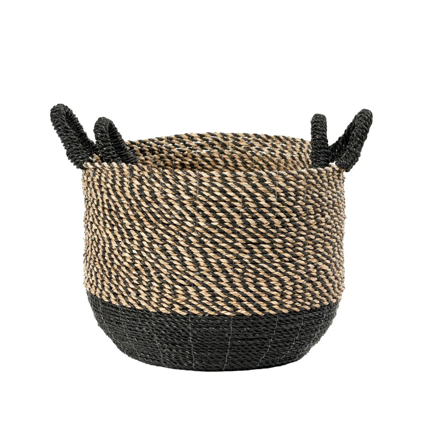 Set of Two Round Natural & Black Seagrass Baskets with Handles – Two Tone Woven Storage for Home Organisation 30x37x37cm - Click Style