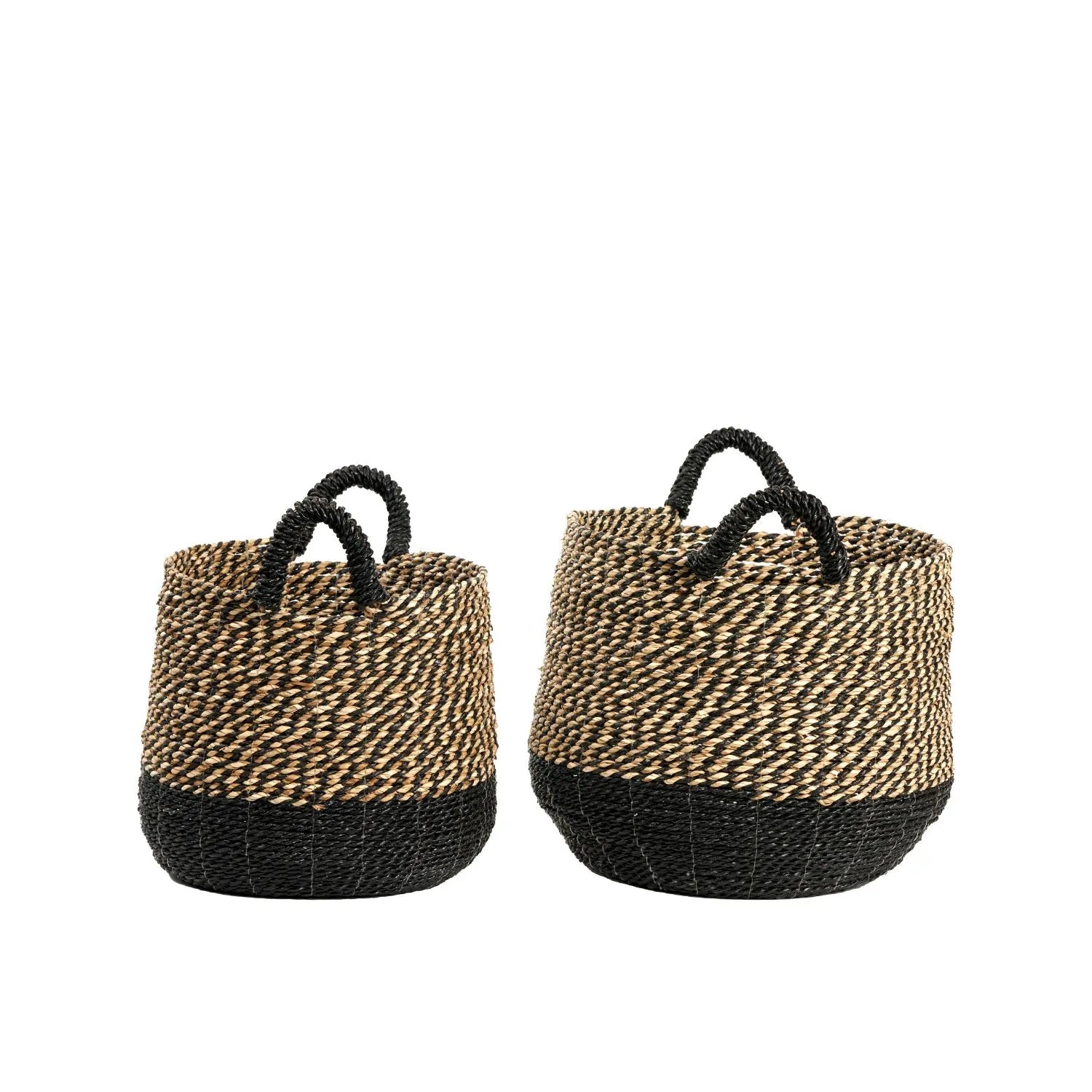 Set of Two Round Natural & Black Seagrass Baskets with Handles – Two Tone Woven Storage for Home Organisation 30x37x37cm - Click Style