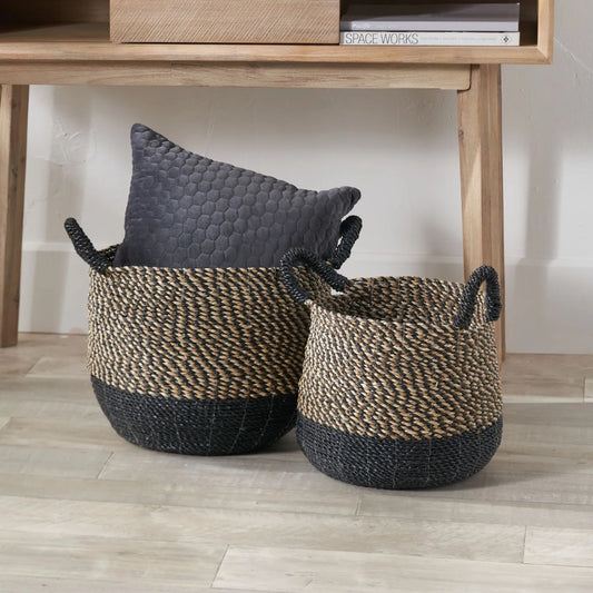 Set of Two Round Natural & Black Seagrass Baskets with Handles – Two Tone Woven Storage for Home Organisation 30x37x37cm - Click Style