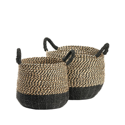 Set of Two Round Natural & Black Seagrass Baskets with Handles – Two Tone Woven Storage for Home Organisation 30x37x37cm - Click Style