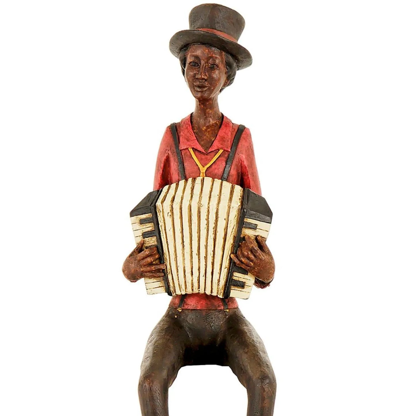 Shelf-Sitter Jazz Accordionist Ornament with Brown Trousers Hat Red Shirt & Yellow Tie with Black Braces – Sitting Musician Sculpture 40x12x10cm - Click Style