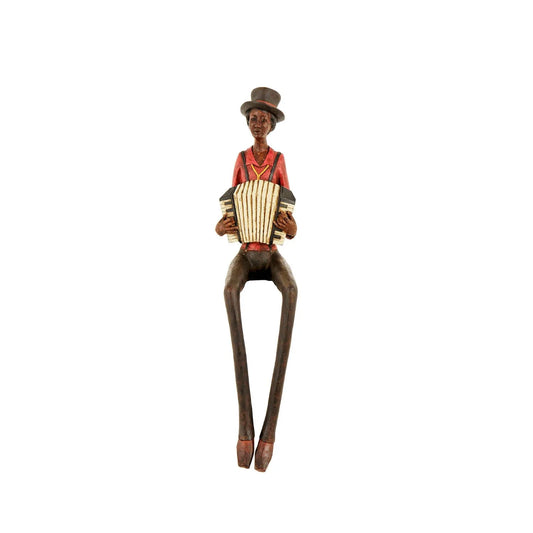 Shelf-Sitter Jazz Accordionist Ornament with Brown Trousers Hat Red Shirt & Yellow Tie with Black Braces – Sitting Musician Sculpture 40x12x10cm - Click Style