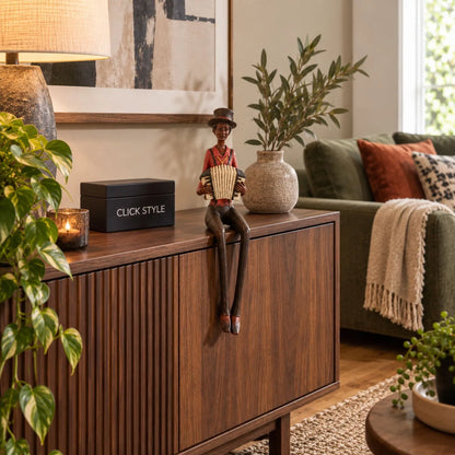 Shelf-Sitter Jazz Accordionist Resin Ornament – Sitting Musician Sculpture 40x12x10cm Styled on Walnut Sideboard in Contemporary Living Room | Click Style
