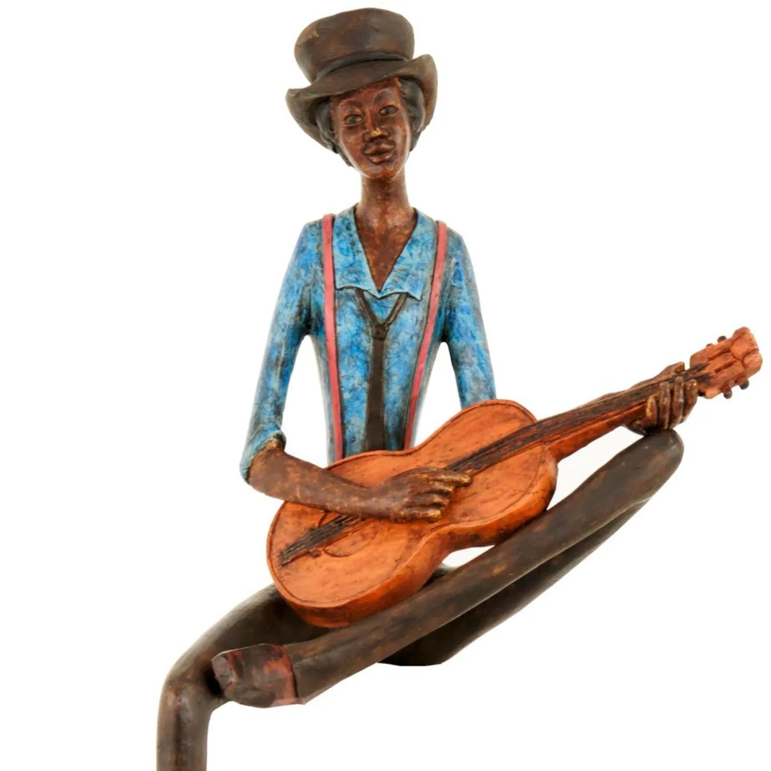 Shelf-Sitter Jazz Guitarist Ornament with Brown Trousers Hat Blue Shirt Brown Tie & Red Braces – Sitting Musician Sculpture 42x17x11cm - Click Style