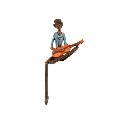 Shelf-Sitter Jazz Guitarist Ornament with Brown Trousers Hat Blue Shirt Brown Tie & Red Braces – Sitting Musician Sculpture 42x17x11cm - Click Style