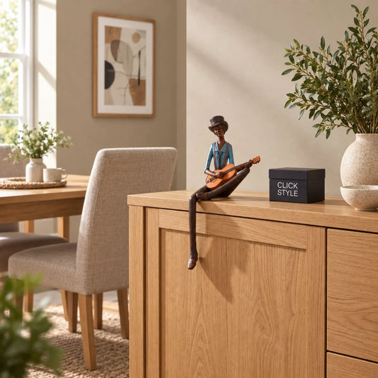 Shelf-Sitter Jazz Guitarist Resin Ornament – Sitting Musician Sculpture 42x17x11cm – Styled on Natural Oak Sideboard in Contemporary Dining Room | Click Style