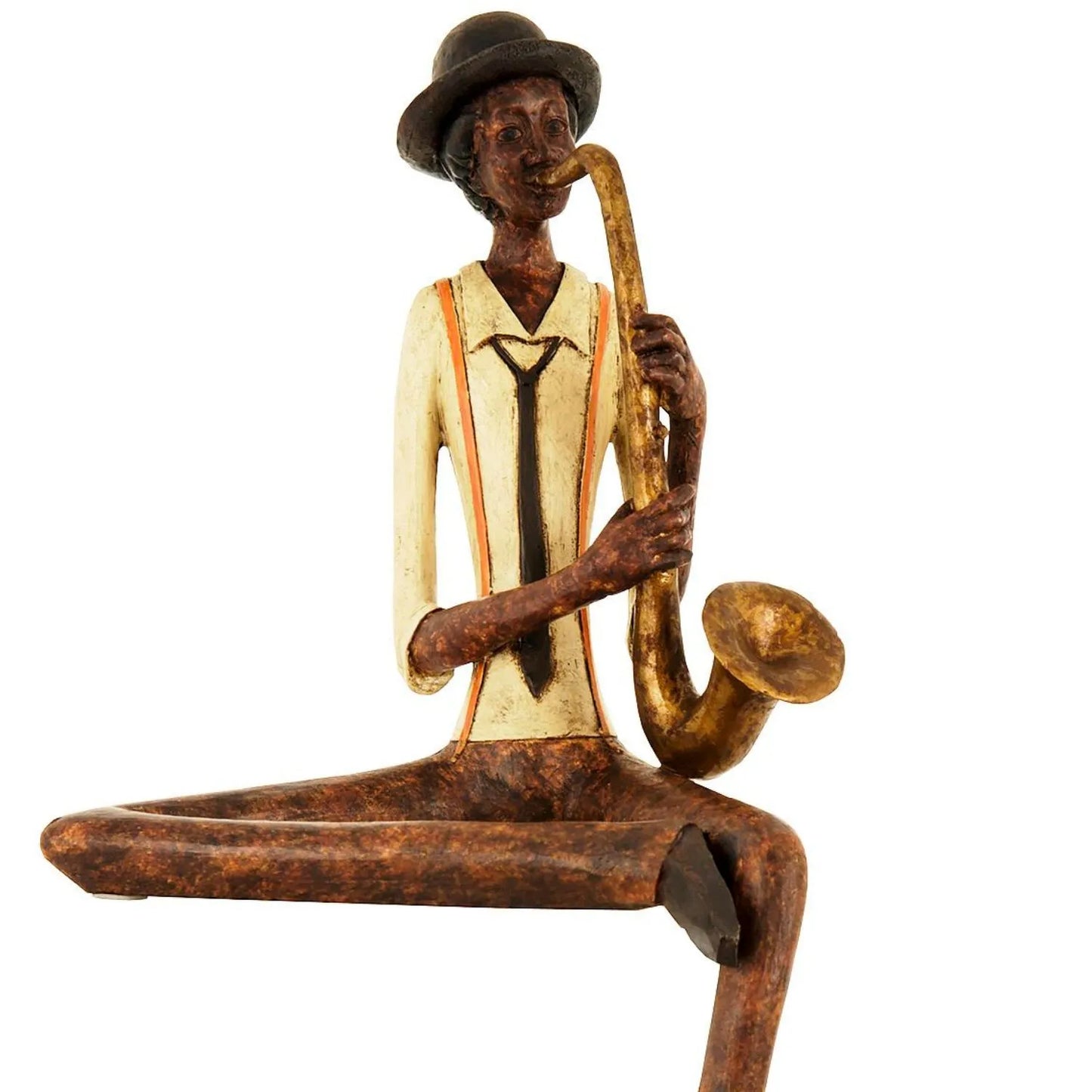 Shelf-Sitter Jazz Saxophonist Ornament with Brown Trousers Hat Cream Shirt Black Tie & Orange Braces – Sitting Musician Sculpture 38x17x11cm - Click Style