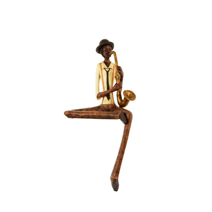 Shelf-Sitter Jazz Saxophonist Ornament with Brown Trousers Hat Cream Shirt Black Tie & Orange Braces – Sitting Musician Sculpture 38x17x11cm - Click Style