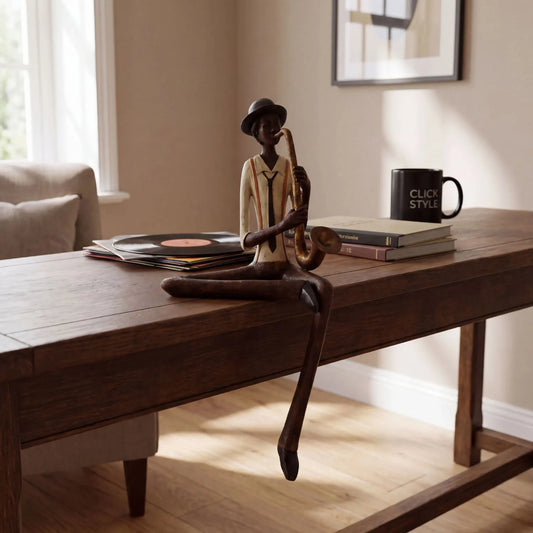 Shelf-Sitter Jazz Saxophonist Resin Ornament styled on a dark wood table in a warm neutral living room | Click Style