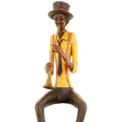 Shelf-Sitter Jazz Trumpeter Ornament with Brown Trousers Hat Yellow Shirt Black Tie & Red Braces – Sitting Musician Sculpture 39x12x10cm - Click Style