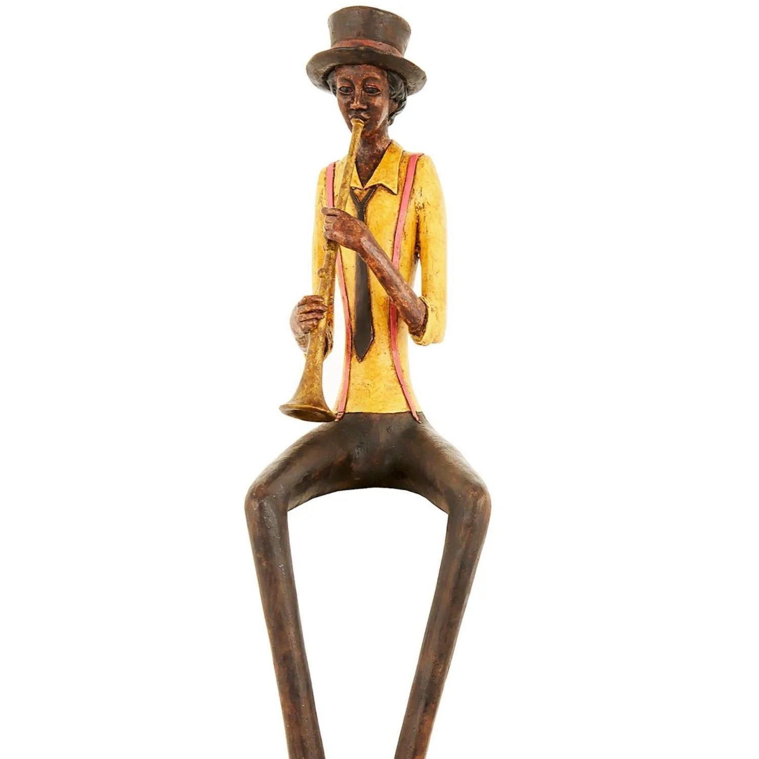 Shelf-Sitter Jazz Trumpeter Ornament with Brown Trousers Hat Yellow Shirt Black Tie & Red Braces – Sitting Musician Sculpture 39x12x10cm - Click Style