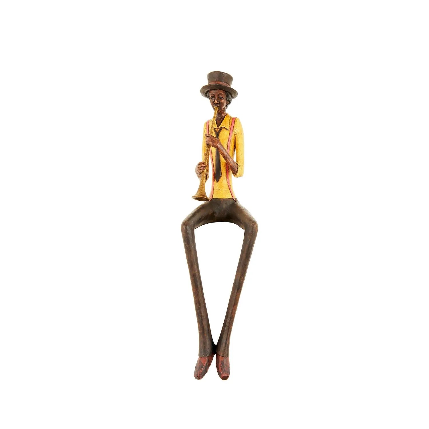 Shelf-Sitter Jazz Trumpeter Ornament with Brown Trousers Hat Yellow Shirt Black Tie & Red Braces – Sitting Musician Sculpture 39x12x10cm - Click Style