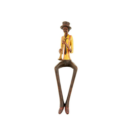 Shelf-Sitter Jazz Trumpeter Ornament with Brown Trousers Hat Yellow Shirt Black Tie & Red Braces – Sitting Musician Sculpture 39x12x10cm - Click Style