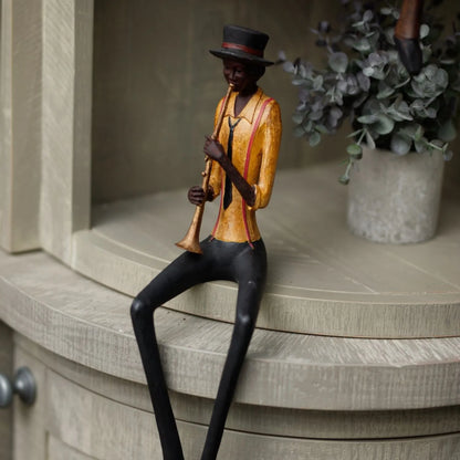 Shelf-Sitter Jazz Trumpeter Ornament with Brown Trousers Hat Yellow Shirt Black Tie & Red Braces – Sitting Musician Sculpture 39x12x10cm - Click Style