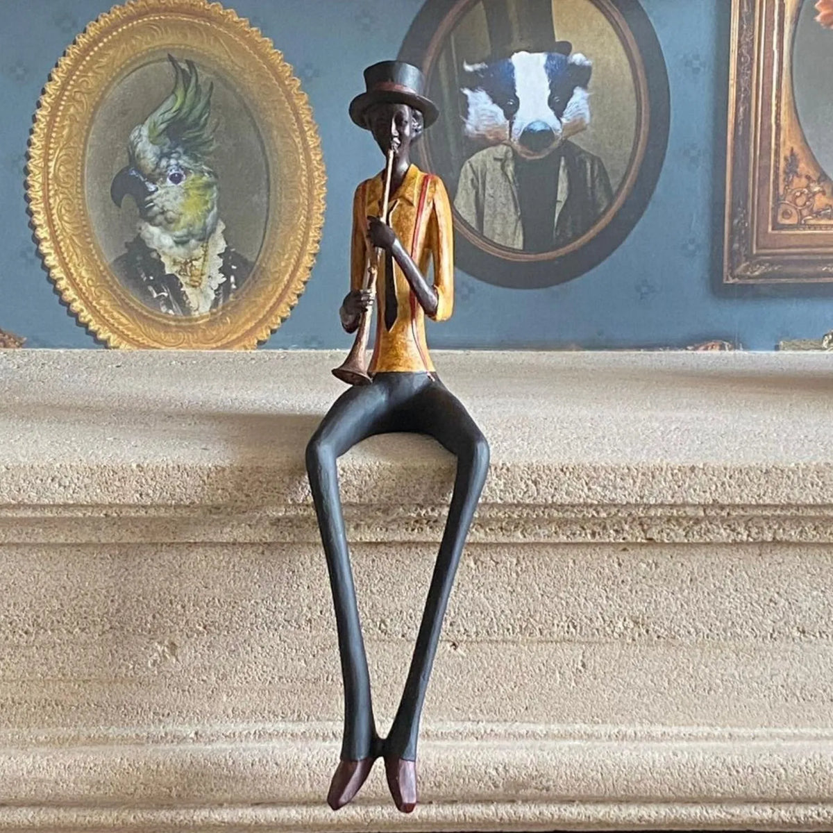 Shelf-Sitter Jazz Trumpeter Resin Ornament – Sitting Musician Sculpture 39x12x10cm – Customer Photo Displayed on Mantelpiece | Click Style